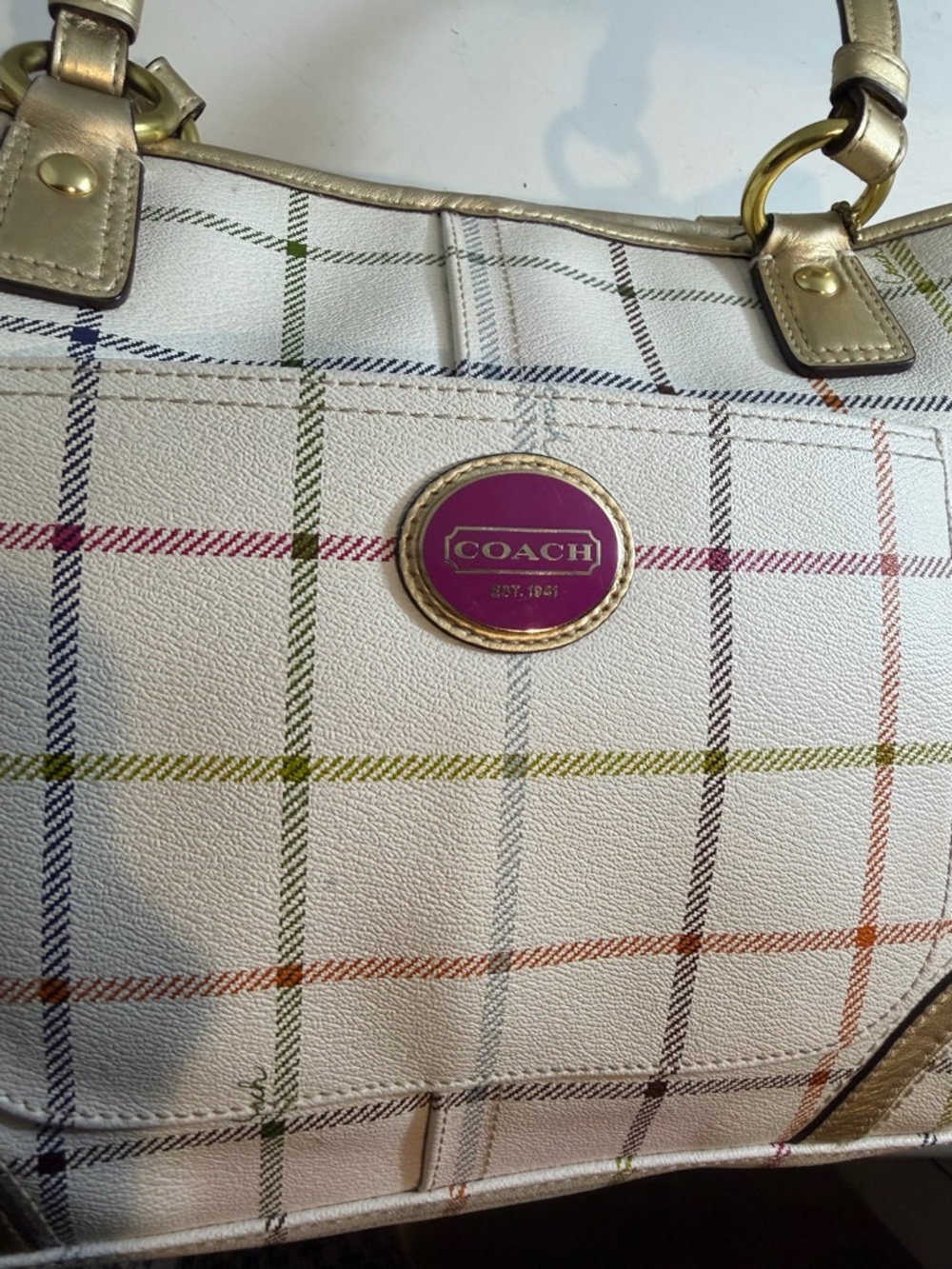 Coach Ivory Plaid Leather Shoulder Bag with Multicolor Stripes - Picture 2 of 7